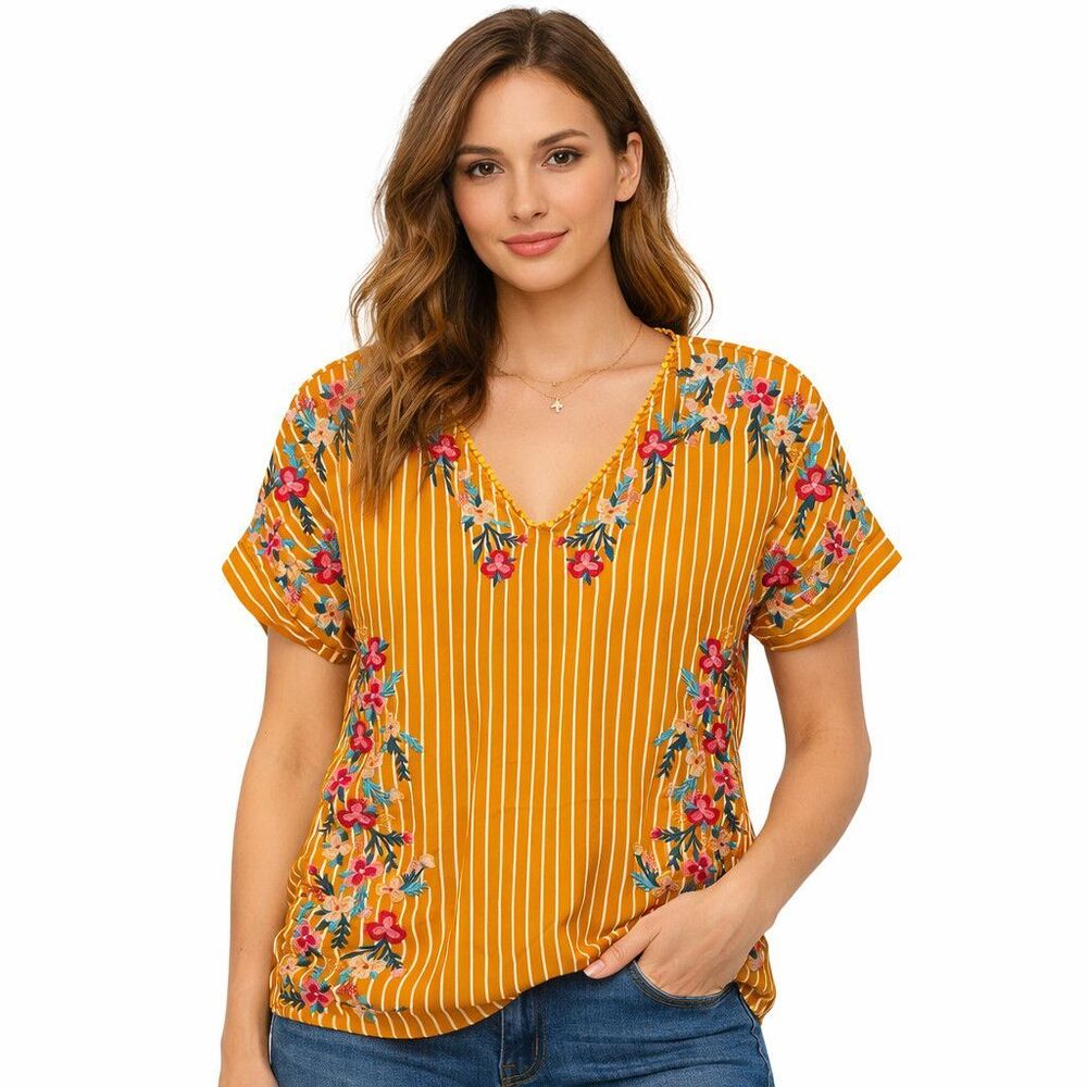Savanna Jane Blouse Womens Small Yellow Striped Embroidered V Neck Boho Top
